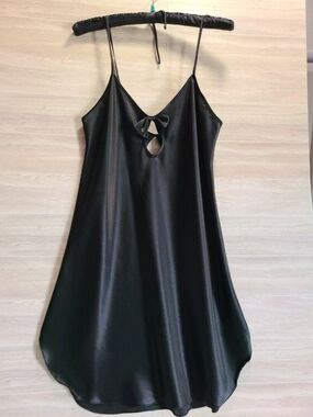 Intimate Moods Black Satin Robe Nightgown Set M Keyhole Slip Lingerie 2 Pc